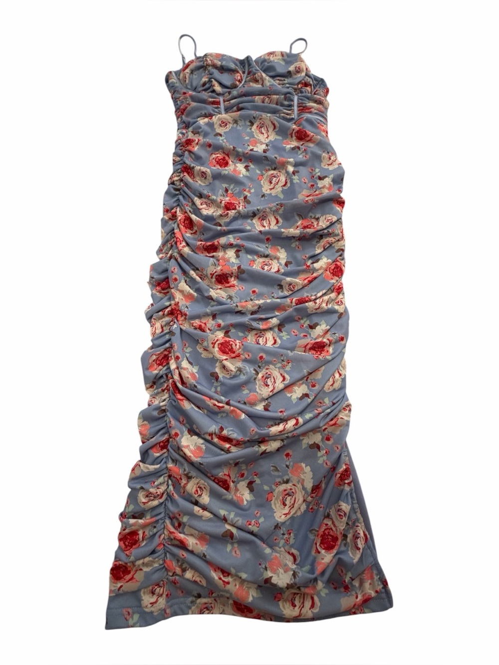 Forever 21 Light Blue Floral Ruched Mesh Midi
Dress-Size Small